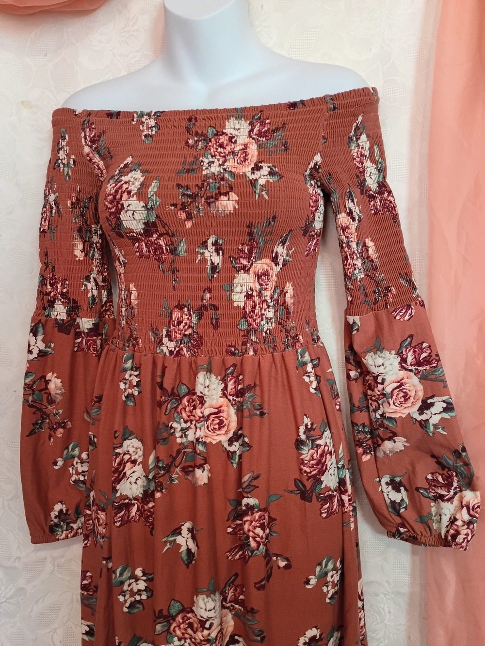 🛍️ BUNDLE ONLY🛍️Dusty Rose Floral Off-Shoulder Long Sleeve Midi Dress - Picture 5 of 10